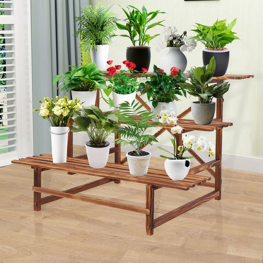 Large 3 Tier Stair Style Wood Plant Stand Patio Rack Outdoor/Indoor Garden Shelf