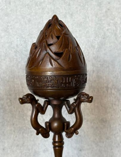 Pair Of Antique Bronze Boshan Incense Burners - Bronze
