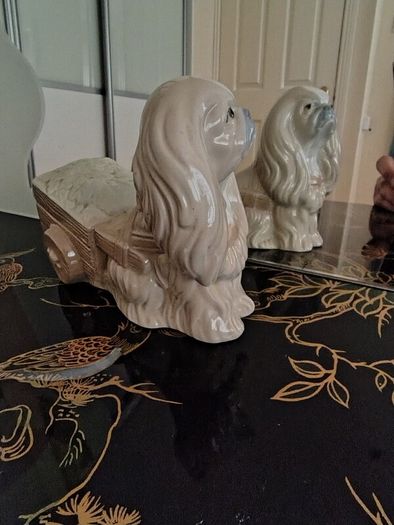 Vintage Pekinkese Dog and Flower Cart Figurine by Porceval.