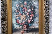 Floral still life high quality reproduction oil painting on canvas in an ornate chunky gold frame