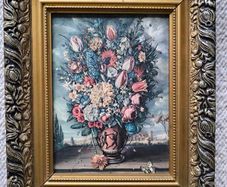 Floral still life high quality reproduction oil painting on canvas in an ornate chunky gold frame