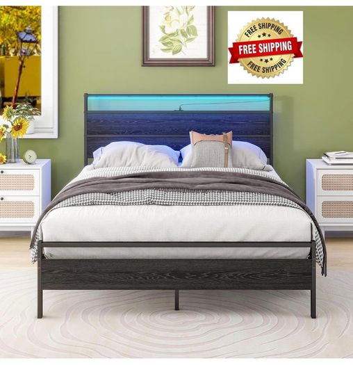 Double Bed Frame with Heaboard & LED lights,4ft6 Metal Wooden Bed Frame Double Bed with Charging Station,Mattress Base/Underbed Storage,Heavy Duty Strong Slats Support,Black Bed 135x190cm