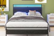 Double Bed Frame with Heaboard &amp; LED lights,4ft6 Metal Wooden Bed Frame Double Bed with Charging Station,Mattress Base/Underbed Storage,Heavy Duty Strong Slats Support,Black Bed 135x190cm