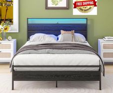 Double Bed Frame with Heaboard & LED lights,4ft6 Metal Wooden Bed Frame Double Bed with Charging Station,Mattress Base/Underbed Storage,Heavy Duty Strong Slats Support,Black Bed 135x190cm