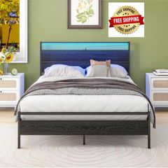 Double Bed Frame with Heaboard & LED lights,4ft6 Metal Wooden Bed Frame Double Bed with Charging Station,Mattress Base/Underbed Storage,Heavy Duty Strong Slats Support,Black Bed 135x190cm