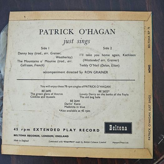 Patrick O'Hagan Sings EP 7", Irish Folk Tenor, Johnny Logan interest