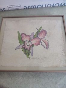 lovely framed water coulure still life of flower signed.