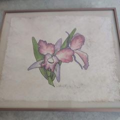 lovely framed water coulure still life of flower signed.