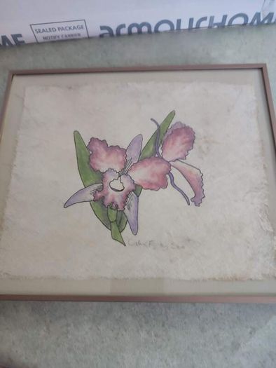 lovely framed water coulure still life of flower signed.