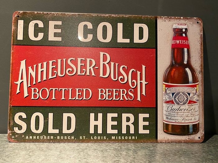 Ice cold Budweiser sold here Tin Metal sign