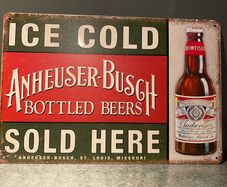 Ice cold Budweiser sold here Tin Metal sign