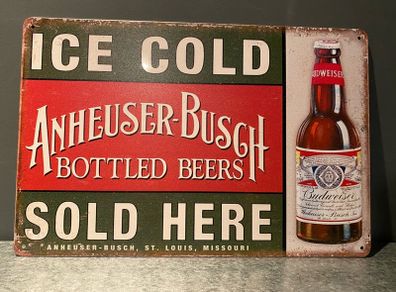 Ice cold Budweiser sold here Tin Metal sign