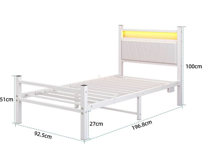 3FT Single Bed Frame with Storage Headboard, White Metal Platform Upholstered Bed frame USB Charging Station,Heavy Duty Metal Bed with LED Lights,Easy Assembly