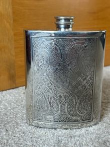 Scottish Piper Pewter Flask with Celtic Design