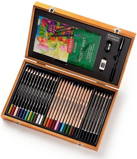 Wooden Gift Box, Complete 35 Piece Art Set with Colouring Pencils, Pastels & Accessories, Ideal Collection for Drawing, Sketching & Crafts, Premium Hobbyist Quality Kit (FREE POSTAGE)