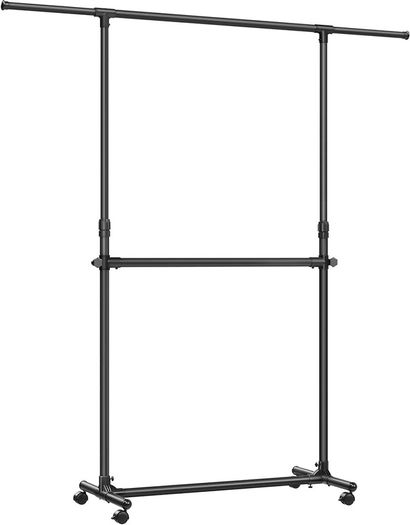 SALE | Double Clothes Rail, Clothing Rack with Extendable Top Rail, Clothes Rail on Wheels, 113-180 cm Height Adjustable Clothes Rack, Adjustable Middle Rail, Black