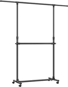 SALE | Double Clothes Rail, Clothing Rack with Extendable Top Rail, Clothes Rail on Wheels, 113-180 cm Height Adjustable Clothes Rack, Adjustable Middle Rail, Black