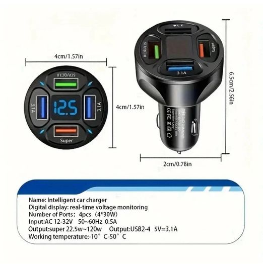 120W Fast Car Charging 4 Usb Digital Display 4-in-1 PD Mobile Phone Charging