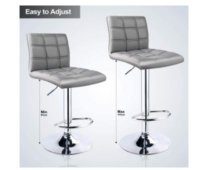 Modern Bar Stools Set of 2 Leatherette   Exterior,Double Needle Sewing,Height Adjustable,Chrome Footrest and Base,Bar Chairs for Kitchens,Counter and Home (Grey)
