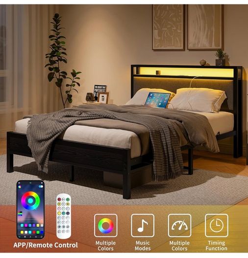 5FT King Size Bed Frame with Storage Headboard, Black Metal King Bed with Upholstered Headboard, LED Lights and Charging Station, Heavy Duty Metal Slats Support,Easy Assembly