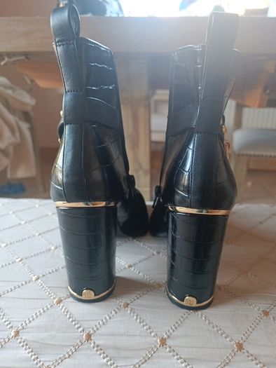River island black ankle heels boots 6 39 gold steel trim strap padlock alligator print