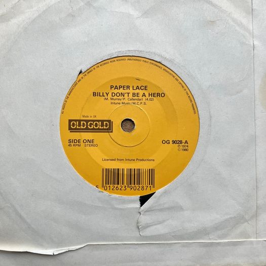 7" single. Paper Lace. Billy don't be a hero. Vinyl