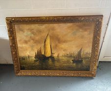 Pair of Vintage Gilt Framed Sailing Boat Harbour Paintings