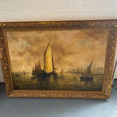 Pair of Vintage Gilt Framed Sailing Boat Harbour Paintings