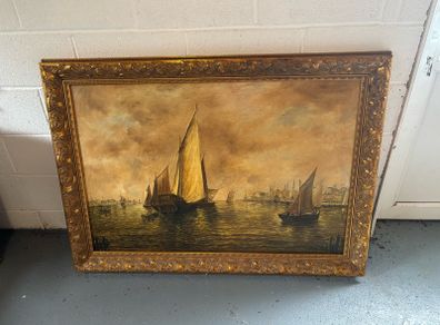 Pair of Vintage Gilt Framed Sailing Boat Harbour Paintings