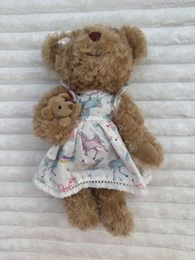 Powell Craft Plush Teddy Bear in Unicorn Dress and Baby Bear approx. 33 cm. used Please see pictures