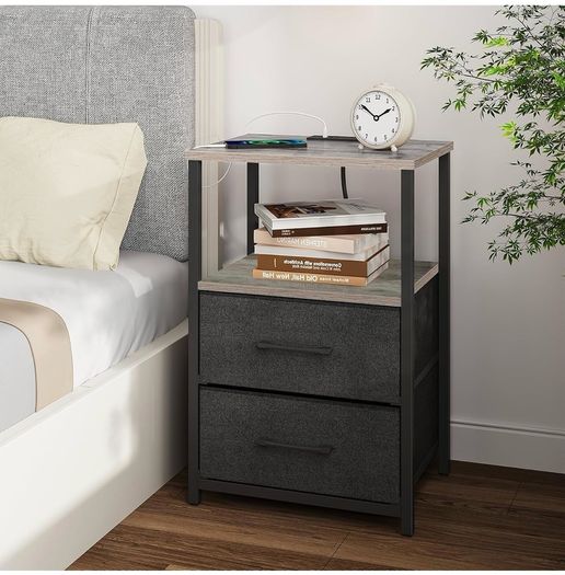 Bedside Table with Charging Station, Side Table with 2 USB Ports and Outlets, Nightstand with Cloth Drawer, Set of 2, End Table, Greige