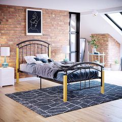 Venice Single Bed, 3ft Bed Frame Metal & Wood Solid Headboard Low Foot End Bedroom Furniture, Black