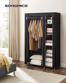 Portable Wardrobe, Foldable Closet, Clothes Storage Organiser with Hanging Rail, Shelves, Fabric Cover, for Bedroom, Cloakroom, 110 x 45 x 175 cm, Black LSF007