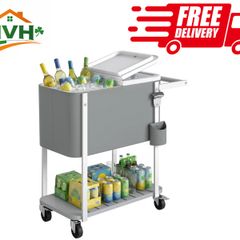 Cooler Trolley with 56 L Capacity Serving Cart with Wheels, Bottle Opener, Lower Shelf, Handle