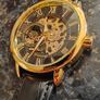 Skeleton Mechanical Watch Black & Gold Case with Black Leather Strap Image 2