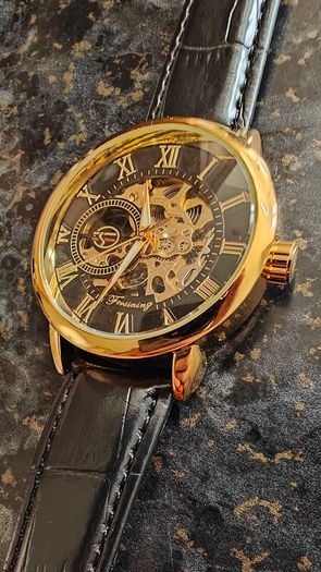 Skeleton Mechanical Watch Black & Gold Case with Black Leather Strap