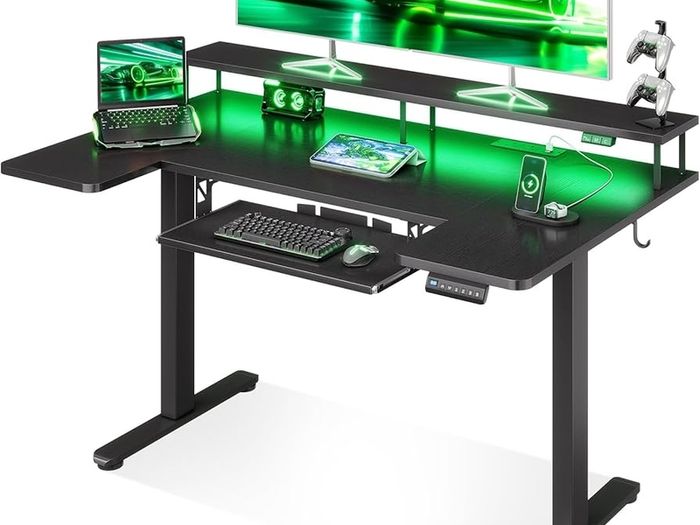 Standing Desk, 120cm U Shaped Height Adjustable Desk with Monitor Stand, Electric Sit Stand Rising Table with Sockets, Gaming Computer Table with LED Light for Home Office Workstation, Black