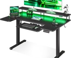 Standing Desk, 120cm U Shaped Height Adjustable Desk with Monitor Stand, Electric Sit Stand Rising Table with Sockets, Gaming Computer Table with LED Light for Home Office Workstation, Black