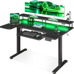 Standing Desk, 120cm U Shaped Height Adjustable Desk with Monitor Stand, Electric Sit Stand Rising Table with Sockets, Gaming Computer Table with LED Light for Home Office Workstation, Black