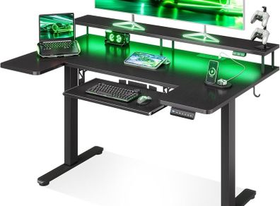 Standing Desk, 120cm U Shaped Height Adjustable Desk with Monitor Stand, Electric Sit Stand Rising Table with Sockets, Gaming Computer Table with LED Light for Home Office Workstation, Black