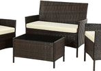 _Polyrattan Garden Furniture Set with 4 Pieces, 2 Garden Chairs, 1 Sofa, 1 Garden Table with Tempered Glass Top