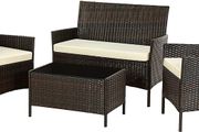 _Polyrattan Garden Furniture Set with 4 Pieces, 2 Garden Chairs, 1 Sofa, 1 Garden Table with Tempered Glass Top