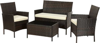 _Polyrattan Garden Furniture Set with 4 Pieces, 2 Garden Chairs, 1 Sofa, 1 Garden Table with Tempered Glass Top