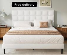 King Bed Frame, Easy Assembly, Sturdy Wooden Slat Support, Upholstered Platform with Headboard, No Box Spring Needed, White King Bed 150x200