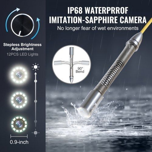 Sewer Camera, 165 ft/50m, Self-Leveling Pipeline Inspection Camera with 9" 1080P HD Screen, 36X Zoom, IP68 Waterproof Plumbing Camera with Lights-12 LED