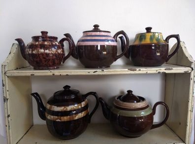 Fabulous Collection of Five Brown Betty Style Teapots, Different Styles, Different Shapes, Different Makers, For Sale as a Set Only, All Have Some Damage - Display Only!!