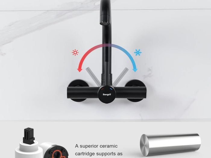 Ibergrif Kitchen Tap Wall Mounted 360 Rotation - Mixer Tap with Adjustable Mounting Hole Tap Kitchen Wall Tap Sink Black
