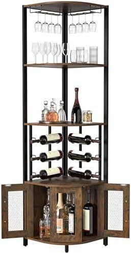 Bar Cabinet with Glass Holder, 4 Tier Liquor Wine Cabinet with Metal Mesh Doors, Buffet Cabinet Wine Rack Cabinet with Anti-tip Kit for Home Coffee Bar Liquor and Wine Storage