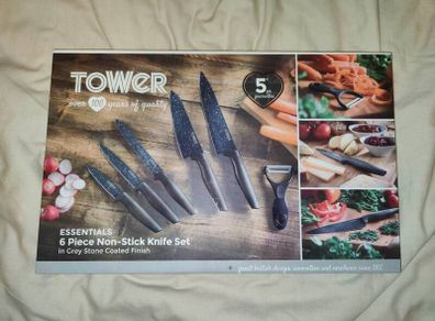 Tower Essentials 6-Piece Non-Stick Knife Set - Grey Stone Finish