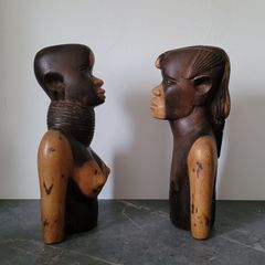 Vintage pair of carved african tribal ebony busts
